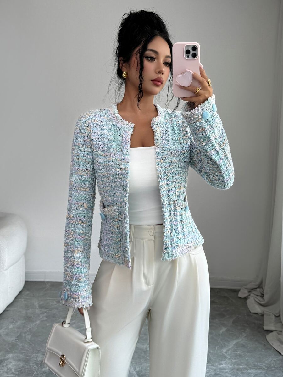 Elenzga Women's Solid Color Tweed Knit Round Neck Cable Knit Lace Trim Button Cuffs French Style Elegant Luxury Cardigan - Blue - View 1