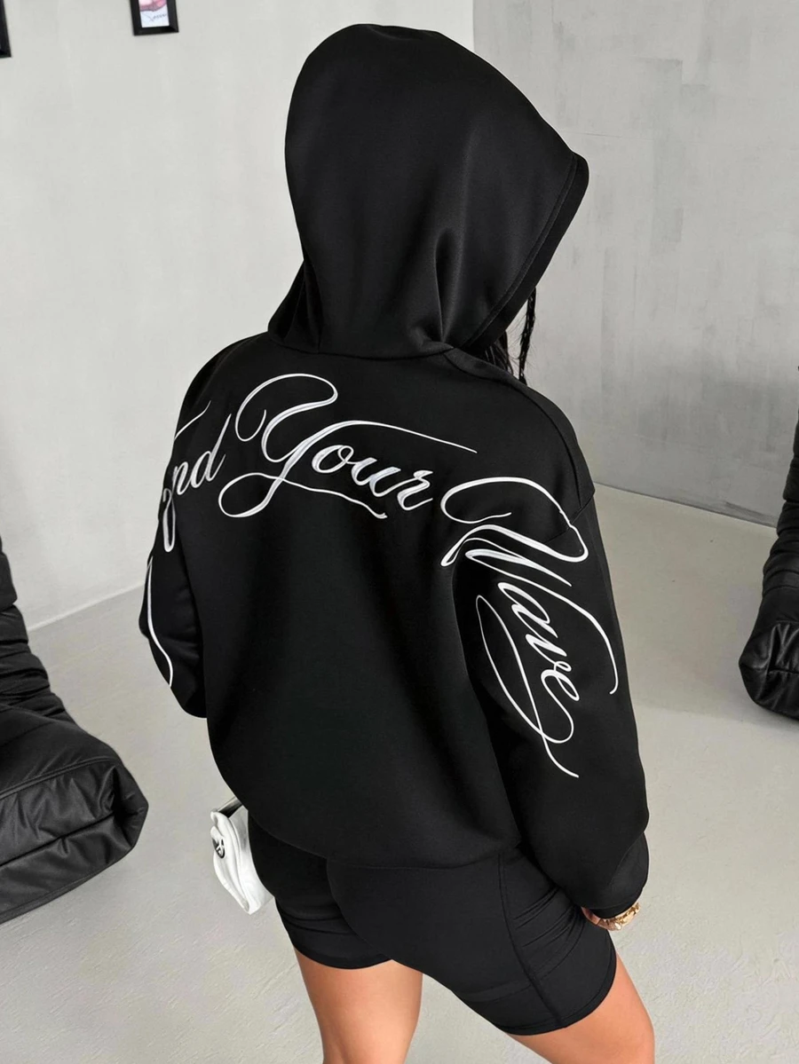 Coolane Women's Autumn/Winter Thermal Lined Long Sleeve Embroidered Pattern Hooded Sweatshirt With Pockets - Black - View 1