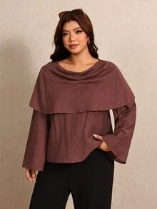 Elaquor Áo blouse thời trang casual tay loe màu trơn cho nữ size lớn - màu nâu - Xem 6