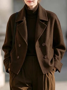 Balvessa Women's Solid Color Lapel Neck Long Sleeve Double-Breasted Overcoat - Coffee Brown - View 3