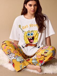 SpongeBob SquarePants | SHEIN 大尺碼女款睡衣套裝 - 黃色 - 查看 1