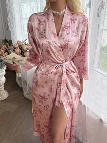 CottageSlumber Lace Trim Patchwork Ditsy Floral Faux Silk Romantic Nightgown - Pink - View 6