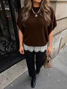 Vionelle Plus Size Women's Batwing Sleeve Lace Patchwork Loose Knit Top, Short Sleeve, Summer Early Autumn - Brown - View 3