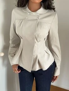 Aloruh Women's Double-Breasted Doll Face Long Sleeve Khaki Shirt - Khaki - View 5