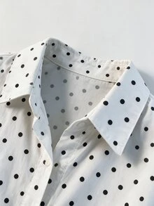SHEIN Franclia 女款寬鬆翻領落肩單排扣袖口長袖通勤襯衫，白色黑色波點印花女式襯衫 - 黑與白 - 查看 3