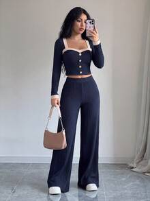SHEIN Elenzya 女款秋冬撞色鈕扣設計長袖短版上衣與寬腿褲休閒套裝 - 寶藍色 - 查看 1