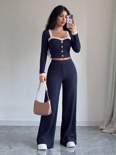 SHEIN Elenzya Conjunto casual de top corto de manga larga con diseño de botones en colores contrastantes y pantalones de pierna ancha para mujer, otoño/invierno