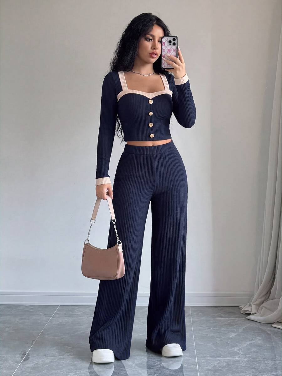 SHEIN Elenzya 女款秋冬撞色鈕扣設計長袖短版上衣與寬腿褲休閒套裝 - 寶藍色 - 查看 1
