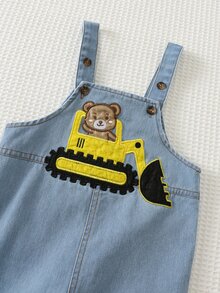 Cozy Pixies Baby Boy Striped Crew Neck Sweatshirt And Cartoon Bear Embroidered Denim Overalls Casual Set - Yellow - View 6