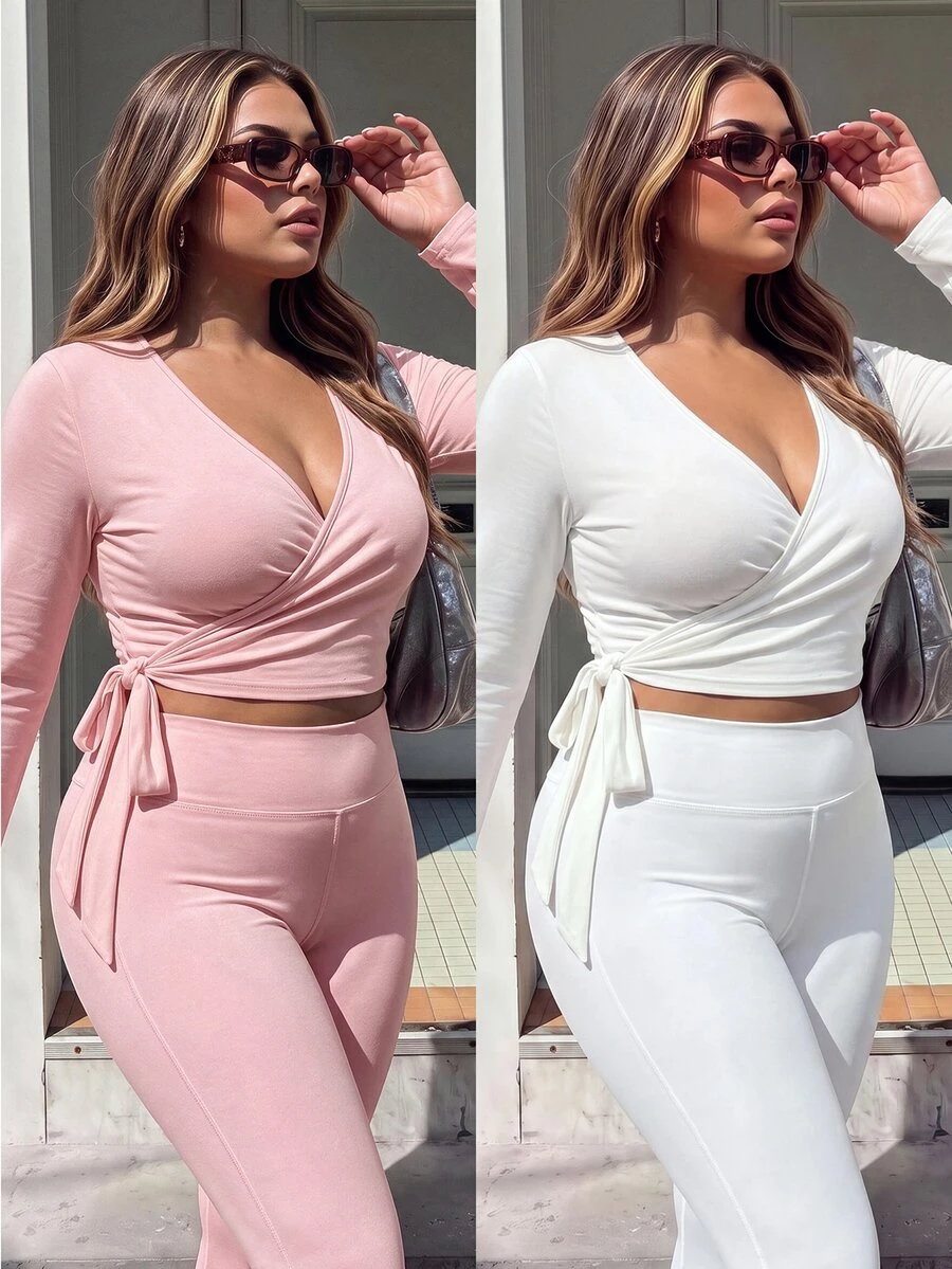 SHEIN Sports 2026 Summer New Women's Plus Size Sports T-Shirt Long Sleeve Multi-Style Tie-Up 2 Pieces Running Top Fall - Multicolor - View 1