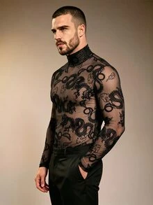 ZURIURI Men's Sexy Streetwear Sheer Dragon Pattern Fashion Top Club Rave Black Fall - Black - View 1