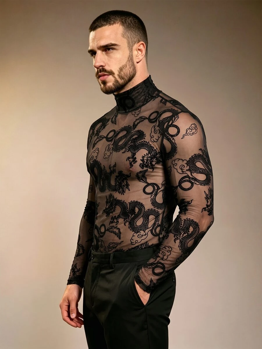 ZURIURI Men's Sexy Streetwear Sheer Dragon Pattern Fashion Top Club Rave Black Fall - Black - View 1
