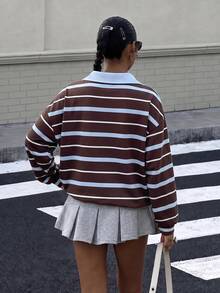 Muchica 女款 Polo 領長袖寬鬆加厚衛衣，適合秋冬，學院風返校校園穿搭，社團服飾，青年休閒風，低調百搭街頭穿搭，咖啡廳慵懶氛圍造型 - 彩色 - 查看 2