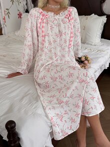 CottageSlumber Spring/Autumn Long Sleeve Ditsy Floral Ruched Bow Decor Nightgown - White - View 5