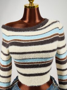 Mistrie Y2K Asymmetrical Shoulder Colorblock Striped Fuzzy Cropped Long Sleeve Knit Sweater - Blue - View 7