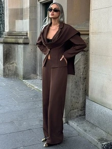 Aloruh Suit Jacket With Ribbon Detail And Long Pants, Office Commute Outfit Set - Purple - View 3