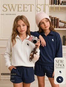 Tween Girls T-Shirt, 2pcs, Casual Fit, Daily Wear, Fashionable & Versatile, Round Neck, Printed, Cute, Comfortable, Pattern, Autumn, Loose - Multicolor - View 1