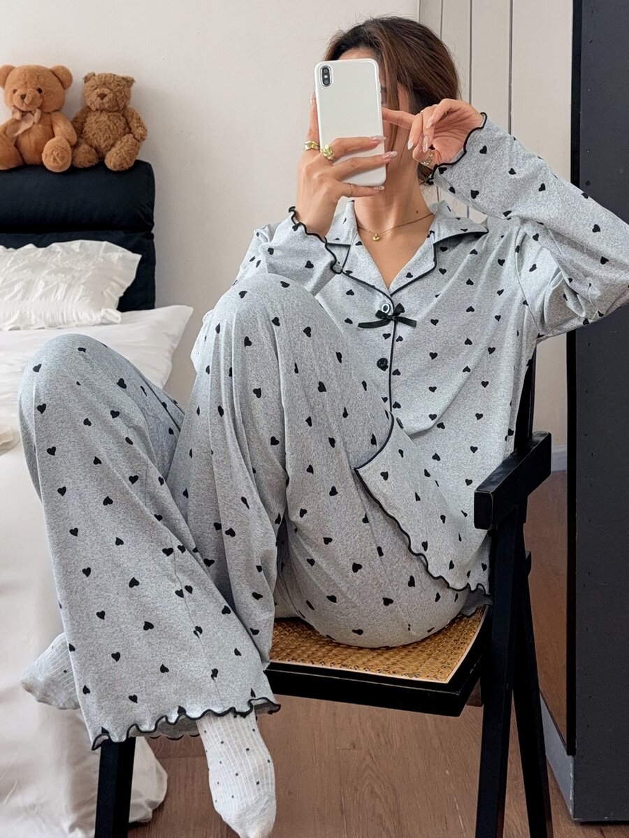 Napfluff Heart Print Casual Comfortable Long Sleeve Long Pants Pajama Set - Grey - View 1