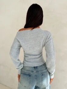 Aloruh Women's Autumn/Winter Off-Shoulder Fitted Floral Grey Long Sleeve Sweater - Light Grey - View 2