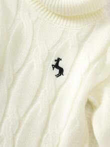 Cozy Pixies Baby Girl White Cable Knit Textured High Neck Sweater With Deer Embroidery - Black and White - View 6