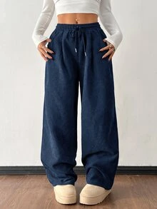 SHEIN PETITE Women's Autumn And Winter Street Fashion Casual Retro Corduroy Textured Pants - Navy Blue - View 6