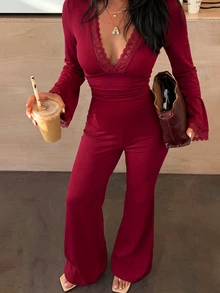 Tideelle Women's Vintage Lace Deep V-Neck Exquisite Fashion Jumpsuit Flare Pants - Burgundy - View 3