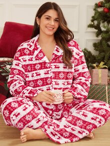 Doze Lane European & American Style Thick Plush Christmas Reindeer Print Plus Size Pajama Set For Women - Red - View 5