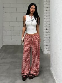 SHEIN ICON 新款復古格紋直筒寬腿休閒通勤甜美長褲 - 酒紅色 - 查看 6
