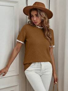 Louniche Spring/Summer Elegant Commute & Home Daily Wear Apricot Small Round Neck Lace Trim Patchwork Knit Pullover Short Sleeve Sweater - Brown - View 7