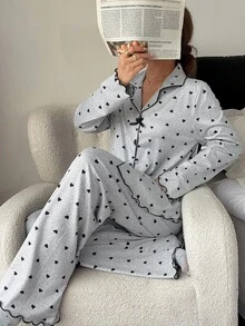 Napfluff Heart Print Casual Comfortable Long Sleeve Long Pants Pajama Set - Grey - View 7
