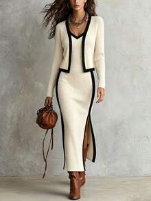Selianne Women's Autumn/Winter New Elegant Versatile All-Match Colorblock Jacket & Dress 2 Pieces Set - Apricot and Black - View 7