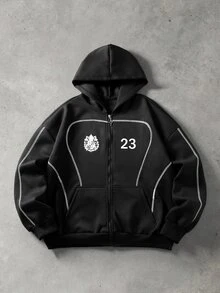 ROMWE MEN Men's Contrast Stitching Loose Fit Zip Front Hooded Sweatshirt - Black - View 1