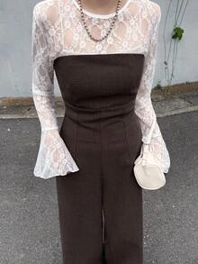 FRIFUL Women's Solid Color Strapless Fashion Wide Leg Jumpsuit - Brown - View 8