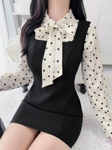 FRIFUL Women's Autumn Patchwork Polka Dot Collar Bowknot Waist Short Dress - Black - View 5