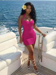 Slaydiva Women's Solid Color Casual Daily Summer Halter Mini Dress - Hot Pink - View 8
