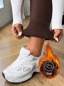 SHEIN EZwear 咖啡棕大尺碼女款休閒保暖內裡內搭褲 冬季 - 咖啡棕 - 查看 4