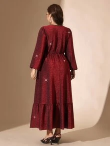 Comfylo Plus Size Elegant Party Glitter Cowl Neck Dress - Burgundy - View 2