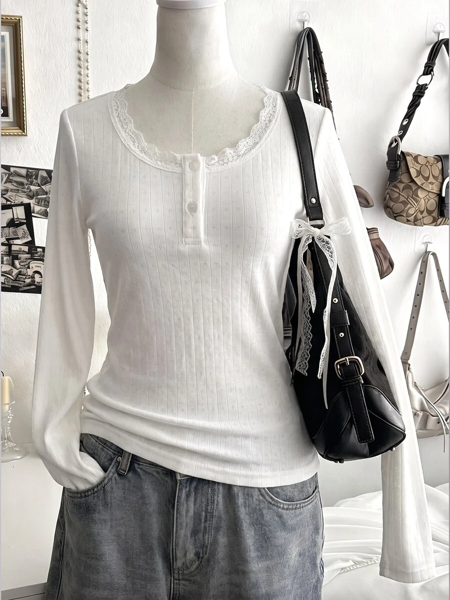 SHEIN Spring/Autumn Girls' Long Sleeve T-Shirt, Teen Girls Lace Trim Round Neck Henley Button Slim Fit Knit Top, Ribbed Texture White Versatile Inner Layer, Daily Commute Base Layer - White - View 1