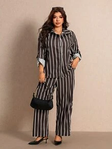 Elaquor 大尺碼女款條紋長袖單排扣襯衫與長褲休閒兩件套 - 摩卡棕 - 查看 6