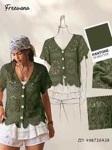 Freevana 大尺碼女款純色V領鏤空刺繡休閒短袖針織開襟衫 - 軍綠色 - 查看 8