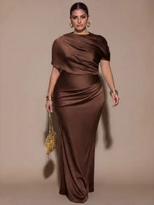 SHEIN BAE CURVE فستان نسائي أنيق بني اللون بتصميم مجعد مع ذيل سمكة للنساء ذوات المقاسات الكبيرة - بني - مشاهدة 7