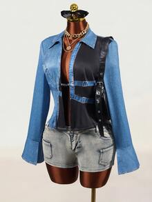 Mistrie 新款女款秋季喇叭袖單排扣休閒仿牛仔印花襯衫，女款條紋領長袖襯衫，時尚上衣適合F - 彩色 - 查看 5