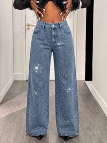 Attitoon Women's Casual Daily Denim Jeans With Pockets, Buttons And Rhinestones - Medium Wash - View 6