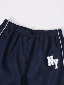 SHEIN 3件組青少年女孩海軍藍返校系列藍色條紋飾邊連帽拉鍊外套、背心與寬鬆褲套裝 - 藍色 - 查看 6