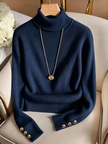 Resyla Autumn/Winter Ribbed Turtleneck New Elegant Casual Knit T-Shirt, Minimalist Fashion Solid Color Knit Sweater - Royal Blue - View 1