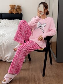 Napfluff Bow Embroidery Round Neck Top & Plaid Print Long Pants Comfortable Fuzzy Pajama Set - Pink - View 3