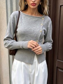 SHEIN PariChic Cardigan Wanita Warna Polos Kasual Serbaguna untuk Sehari-hari - Grey - View 5
