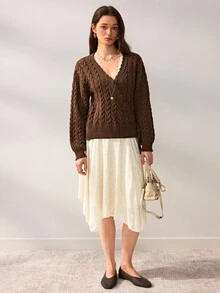 Willow Rêve Women's Brown Cable Knit Side Tie Waist Long Sleeve Cardigan - Coffee Brown - View 5