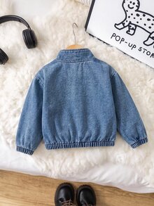 SHEIN 嬰兒男孩女孩秋冬可愛休閒百搭時尚街頭風皮革翻領黑色夾克，適合聖誕派對 - 藍色 - 查看 2