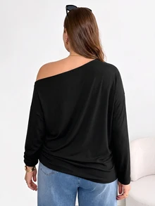 Shapeblank Women's Plus-Size Black Long-Sleeve T-Shirt – Stylish, Casual, Loose & Stretchy – Cold-Shoulder Design With Asymmetrical Hem (Autumn/Winter),Fall Tops - Black - View 3
